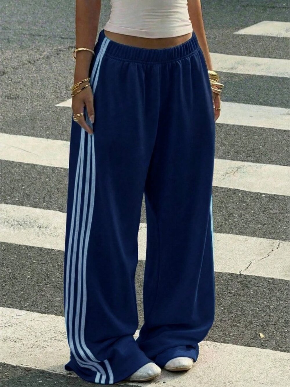 Blue Casual Women's Knit Patchwork Wide Leg Streetwear Sport Baggy Sweatpants